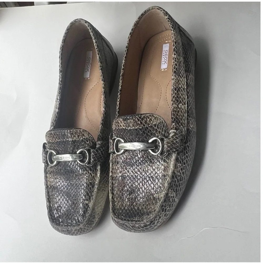 Geox Respira Womens Snakeskin Embossed Leather Horsebit Loafers‎ Brown Grey 37
